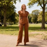 Women's Summer Chic Career V-Neck Tie Waist Top Wide-Leg Pants Two-Piece Set
