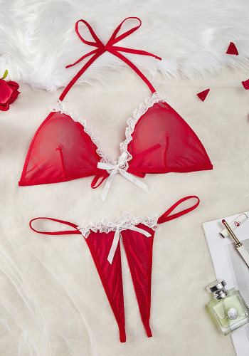 Women's Sexy Christmas Solid Color Mesh See-Through Lingerie Set
