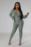 Women Solid Autumn V-Neck Long-Sleeved Lantern Sleeve Top and Pants Two-Piece Set