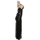 Women's Winter Irregular Strap High-Waist Slit Leather Dress