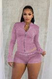 Women long sleeve Top and Denim shorts belt Two Piece Set