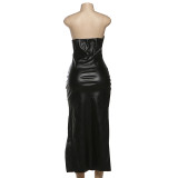 Women's Winter Irregular Strap High-Waist Slit Leather Dress