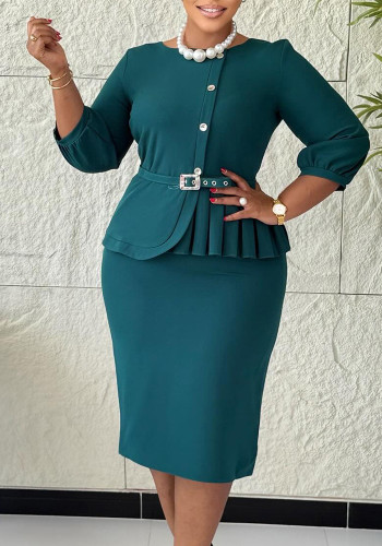 Women Elegant Stretchy Round Neck Ruffled Solid Bodycon Dress