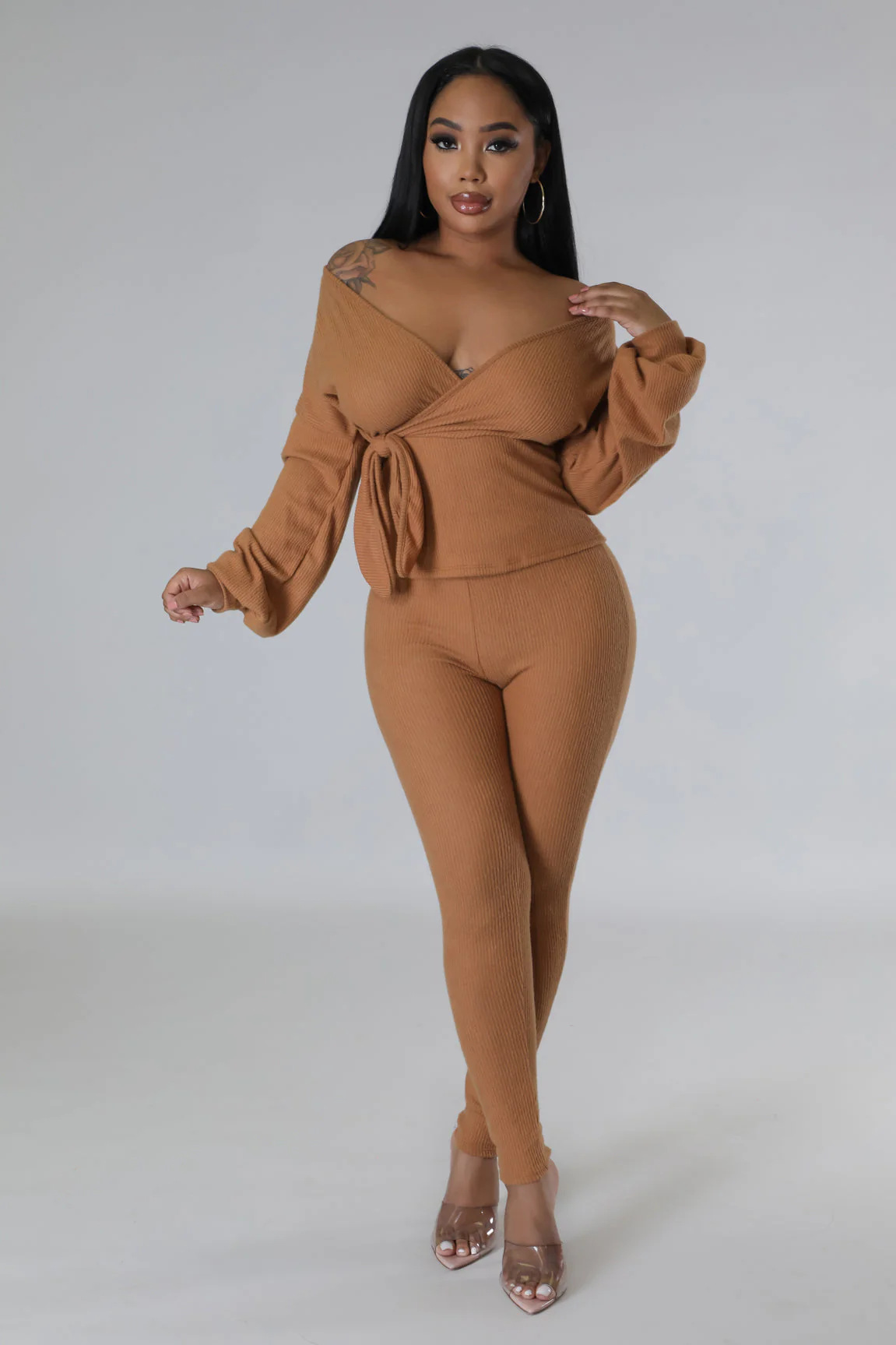 Women Solid Autumn V-Neck Long-Sleeved Lantern Sleeve Top and Pants Two-Piece Set