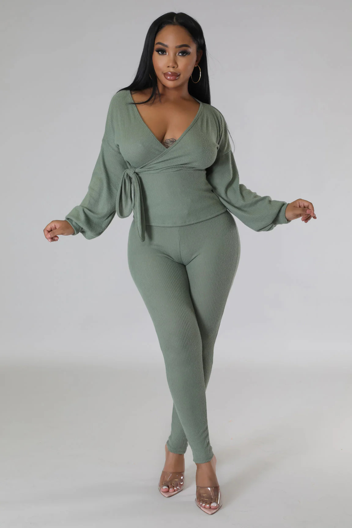 Women Solid Autumn V-Neck Long-Sleeved Lantern Sleeve Top and Pants Two-Piece Set