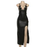 Women's Winter Irregular Strap High-Waist Slit Leather Dress