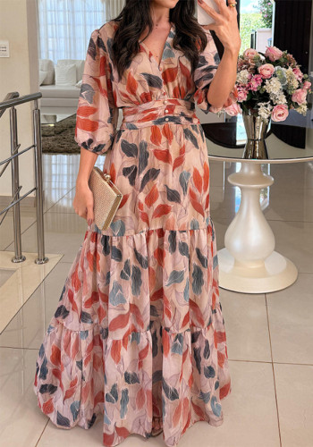 Women V-Neck Puff Sleeve Printed Maxi Dress