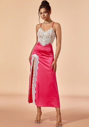 Women lace patchwork satin slit sexy slip dress Dresses
