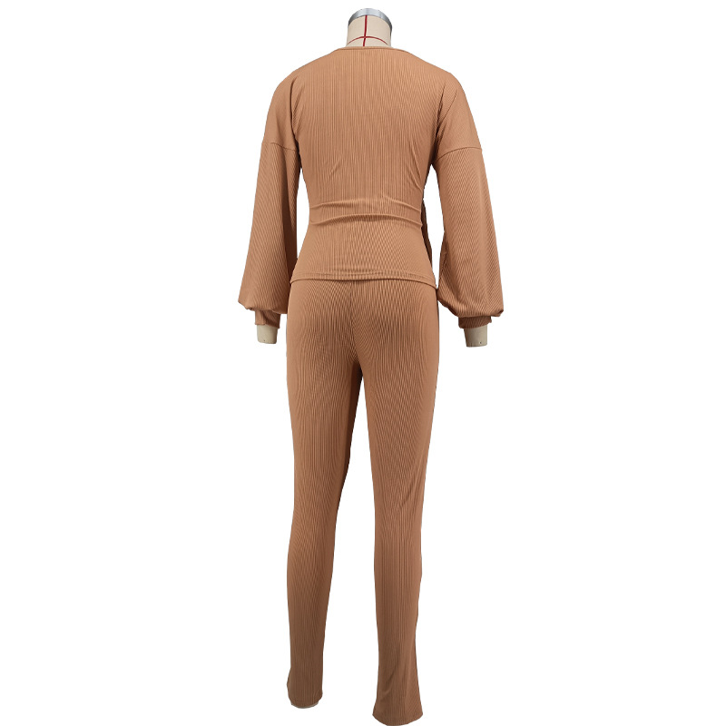 Women Solid Autumn V-Neck Long-Sleeved Lantern Sleeve Top and Pants Two-Piece Set