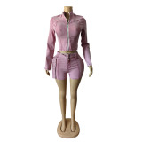 Women long sleeve Top and Denim shorts belt Two Piece Set