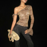 Women's Autumn Winter Street Slash Shoulder Sexy Leopard Print Slim Fitted Top