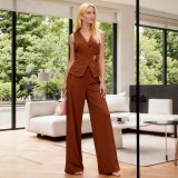 Women's Summer Career Sleeveless V-Neck Vest and Wide-Leg Pants Set