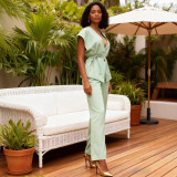 Women's Summer Chic Career V-Neck Tie Waist Top Wide-Leg Pants Two-Piece Set