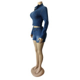 Women long sleeve Top and Denim shorts belt Two Piece Set