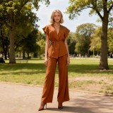 Women's Summer Chic Career V-Neck Tie Waist Top Wide-Leg Pants Two-Piece Set
