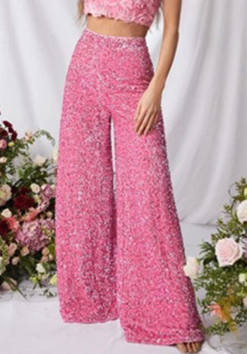 Women's Spring Summer Casual Solid Color Sequin Mid-Waist Wide-Leg Pants