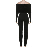 Women's Autumn Winter Fashion Chic Elegant Off-Shoulder Fur Collar Patchwork Tight Fitting Jumpsuit