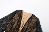 Women's Autumn Winter Sexy See Throught Lace V-Neck Long Sleeve Slim Waist Short Skirt Set