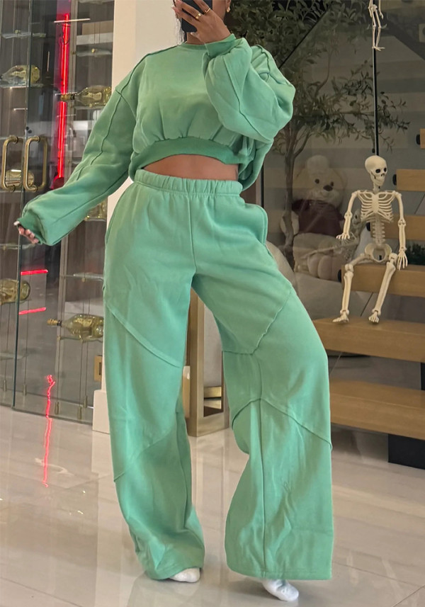 Women's Fashion Round Neck Crop Pullover Top and Loose Sweatpants Two-Piece Set