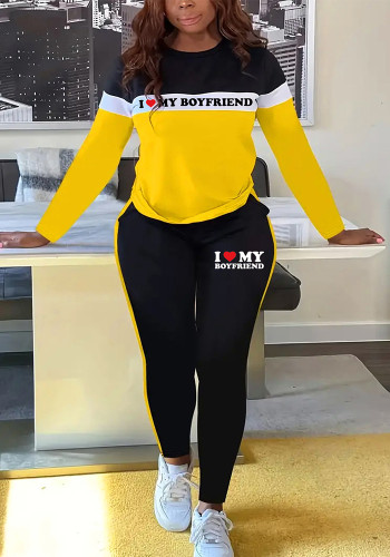 Women's Fashion Patchwork Letter Print Round Neck Long Sleeve Two Piece Pants Set