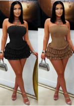Women Sexy Strapless Lace-Up Ruffle Dress