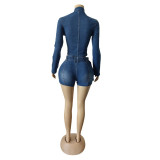 Women long sleeve Top and Denim shorts belt Two Piece Set