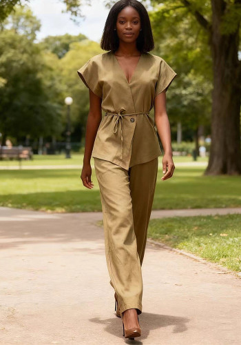 Women's Summer Chic Career V-Neck Tie Waist Top Wide-Leg Pants Two-Piece Set