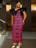 Plus Size Women Color-Blocked Printed V-Neck Ruffle Sleeve Formal Party Maxi Dress
