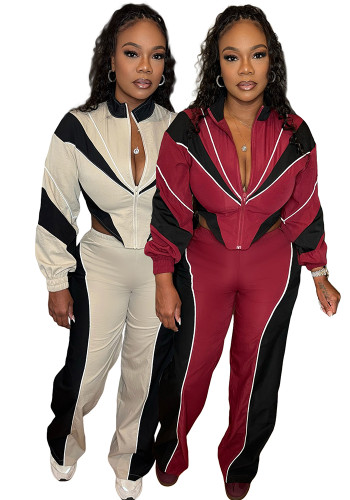 Women Color Block Patchwork Zipper Top and Panties Two-Piece Set