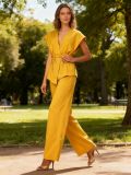 Women's Summer Chic Career V-Neck Tie Waist Top Wide-Leg Pants Two-Piece Set