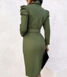 Women Dark Green Puff Sleeve Turndown Collar Lace-Up Maxi Dress
