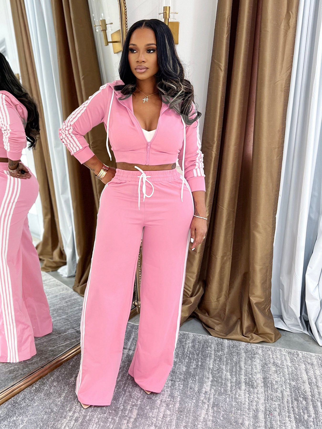 Women Casual Zipper Top and Pant Two Piece Set