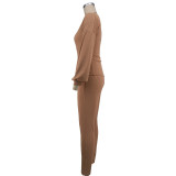 Women Solid Autumn V-Neck Long-Sleeved Lantern Sleeve Top and Pants Two-Piece Set