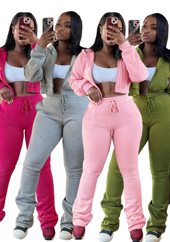 Women's Autumn Winter Fashion Slim Waist Fleece-Lined Hoodies with Drawstring Sport Pants Set