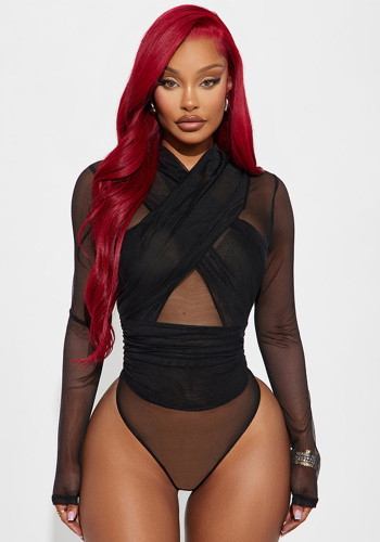 Women Autumn Solid Sexy Patchwork Mesh Cross Halter Neck Long-Sleeved Jumpsuit