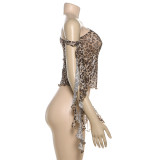 Women's Autumn Winter Street Slash Shoulder Sexy Leopard Print Slim Fitted Top
