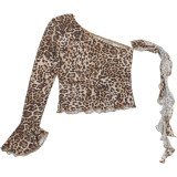 Women's Autumn Winter Street Slash Shoulder Sexy Leopard Print Slim Fitted Top