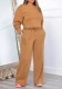 Women Solid Round Neck Long-Sleeved Top and Pants Two-Piece Set