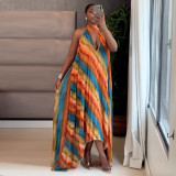 Women Autumn Halter Neck Print Hollow-Out Pleated Maxi Dress