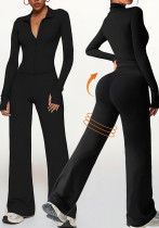 Women Long-Sleeve Stretch Fitness Running Yoga Top and Bell Bottom Pants Two-Piece Set