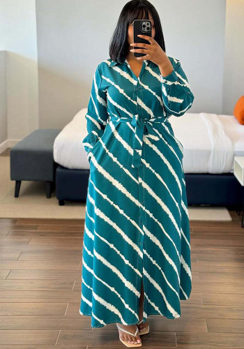 Plus Size African Women Long-Sleeved Diagonal Striped Maxi Dress