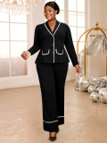 Plus Size Women's Fashion Black Contrast Trim V-Neck Blazer and Wide-Leg Pants Set