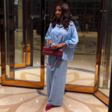 Plus Size African Women Solid Turndown Collar Shirt and Casual Pant Two-Piece Set