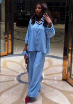 Plus Size African Women Solid Turndown Collar Shirt and Casual Pant Two-Piece Set