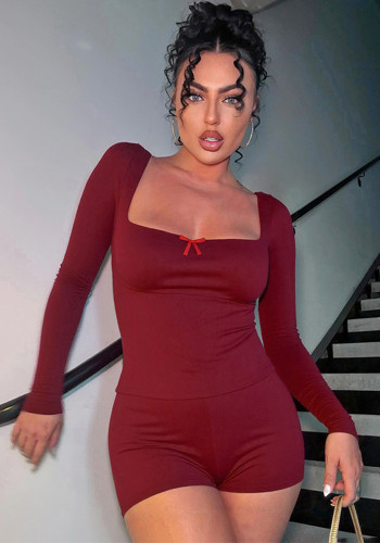 Women Autumn/Winter Casual Square Neck Long-Sleeved Top and Shorts Two-Piece Set