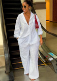Women Autumn Turndown Collar White Long-Sleeve Shirt and Wide-Leg Pants Two-Piece Set