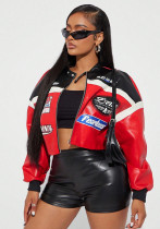 Women Color Block Stand Collar Hip Hop Jacket Top