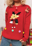 Women Christmas Patchwork Cartoon Deer Knitting Round Neck Sweater