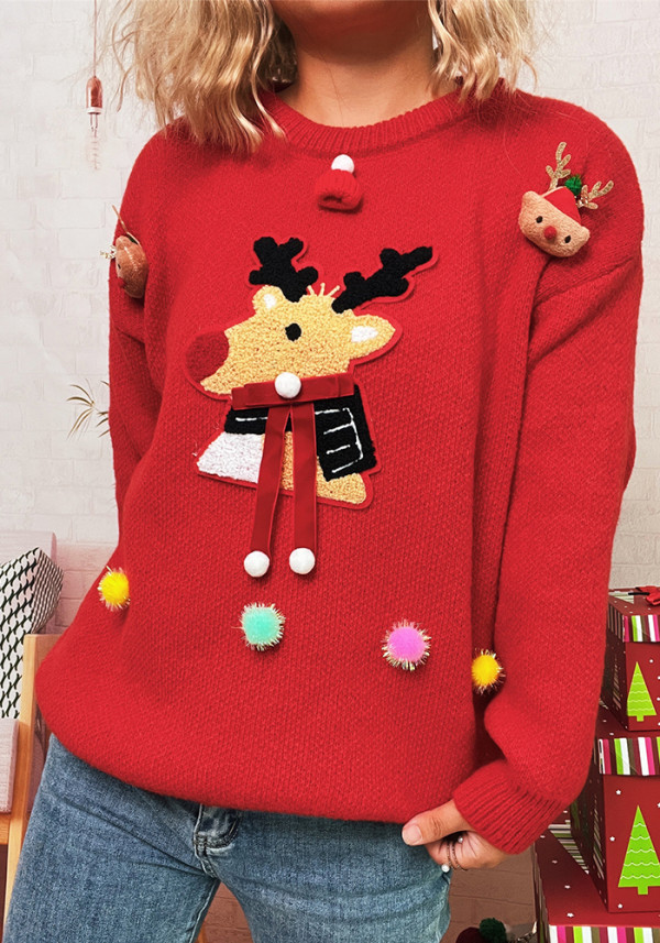 Women Christmas Patchwork Cartoon Deer Knitting Round Neck Sweater