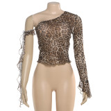 Women's Autumn Winter Street Slash Shoulder Sexy Leopard Print Slim Fitted Top